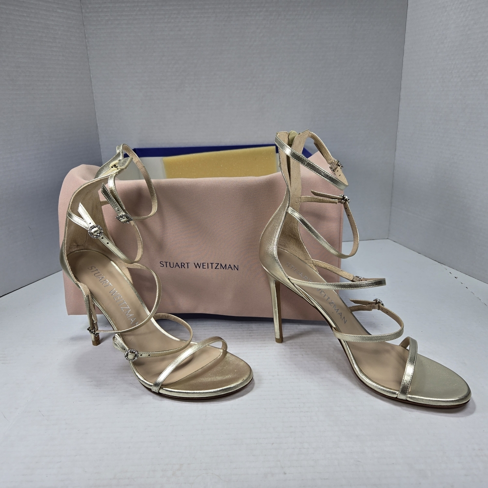 Stuart Weitzman Nudist Geo Crystal Geo Buckle 100mm Metallic Heels Size 10 1/2 - Picture 4 of 14